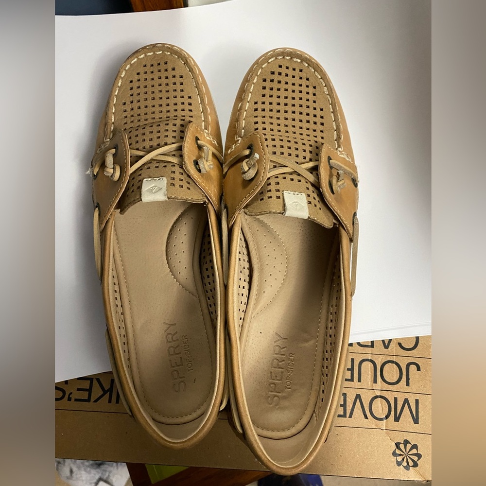 Sperry Womens Top-Sider Boat Shoes Coil Ivy Scale Emboss Leather Slip-On Linen 9
